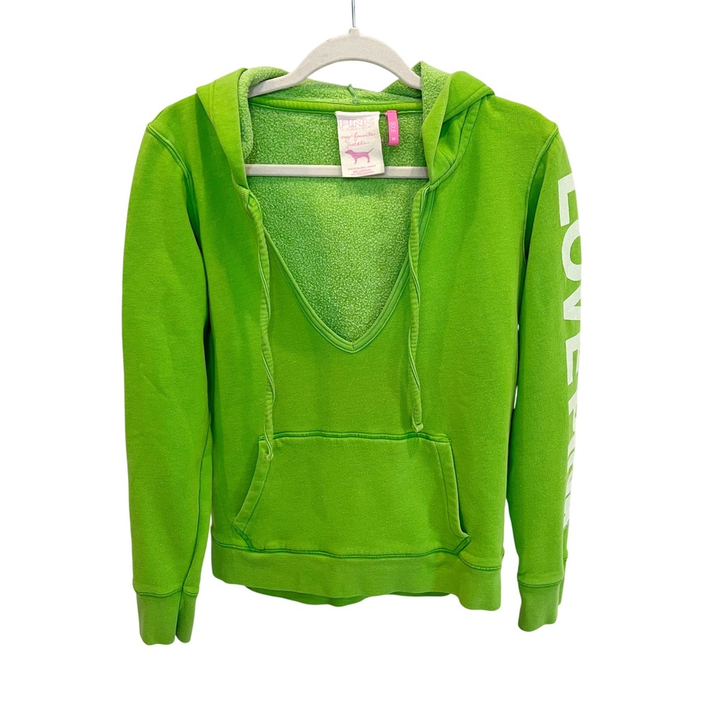 Victoria's Secret PINK Green Y2K‎ Love Pink Graphic V-Neck Hoodie Sporty Medium